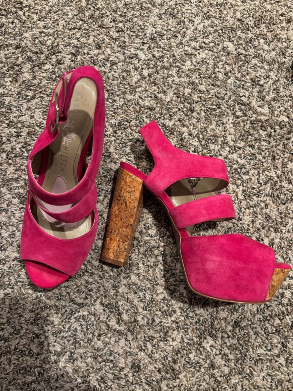 Paris Hilton Hot Pink Suede Platform Sandals with Cork Block Heel
